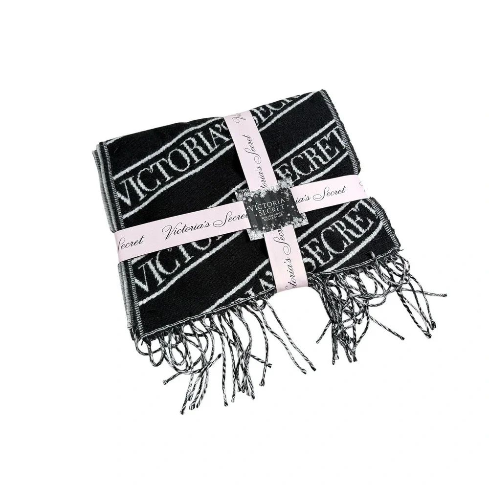 Victoria's Secret Winter Angel Black Logo Stripe Fringed Scarf NWT